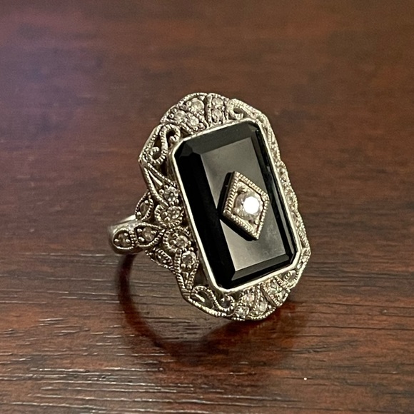 Art Deco style black onyx diamanté crystal sterling silver size 5.0 ring - Picture 2 of 11